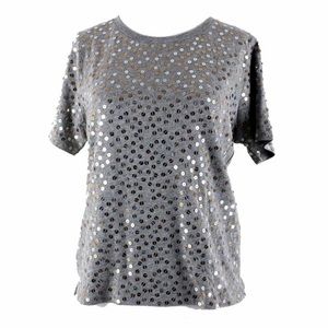 J Crew Sz L Gray Sequin Gold Silver Short Sleeve 100% Cotton Tee Shirt